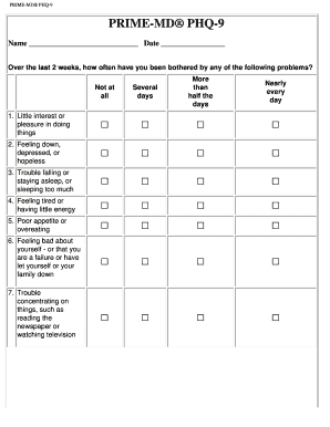 PRIME-MD PHQ-9 Depression Screening Form