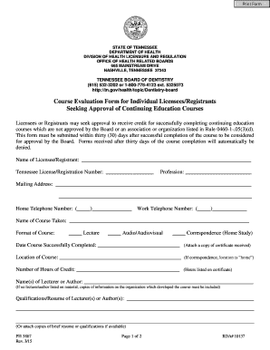 Tennessee Board of Dentistry Continuing Education Course Evaluation Form