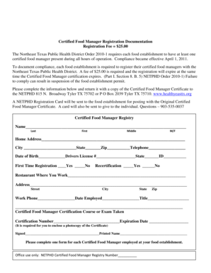 Certified Food Manager Registration Form