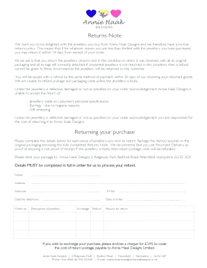 Jewellery Return Policy and Form