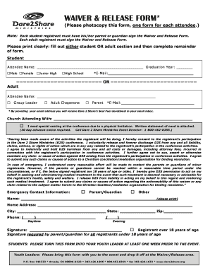 Dare 2 Share Ministries Waiver and Release Form