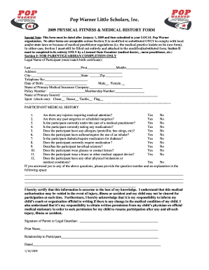 Pop Warner Physical Fitness & Medical History Form