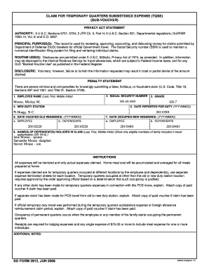 Claim for Temporary Quarters Subsistence Expense