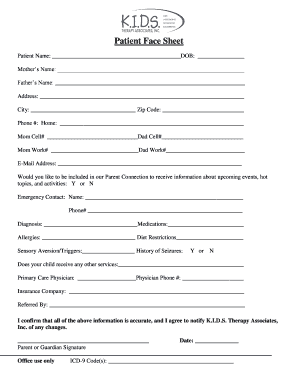 Patient Face Sheet and Developmental Questionnaire