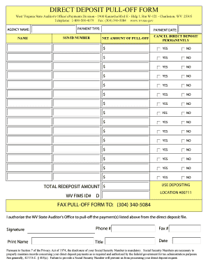 West Virginia Direct Deposit Pull-Off Form