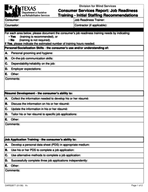 Job Readiness Training Initial Staffing Recommendations
