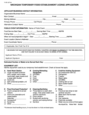 Michigan Temporary Food Establishment License Application