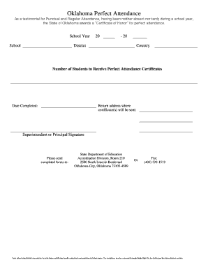 Oklahoma Perfect Attendance Certificate