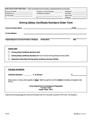 Driving Safety Certificate Numbers Order Form