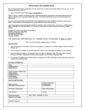 South Carolina License Decal Sticker Renewal Application