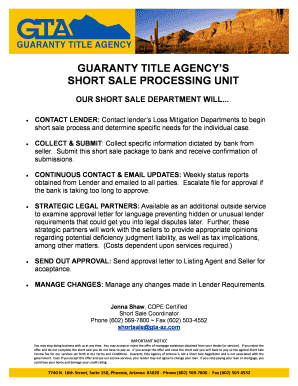 Sample of authorization letter to process documents - GUARANTY TITLE AGENCY'S SHORT SALE PROCESSING UNIT