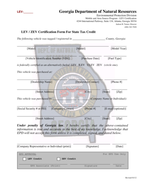 LEV ZEV Certification Form For State Tax Credit