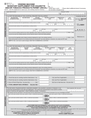 Texas Vending Machine Inventory Supplement for Cigarette and Tobacco Products Permit