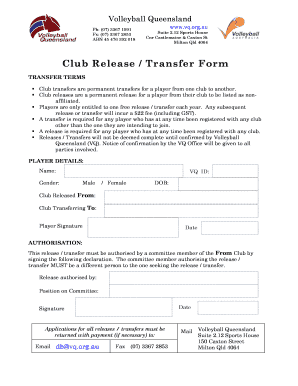 Volleyball Queensland Club Release Transfer Form