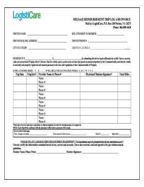 Virginia Mileage Reimbursement Trip Log and Invoice
