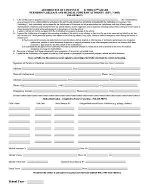 Archdiocese of Cincinnati K-12 Permission and Medical Power of Attorney