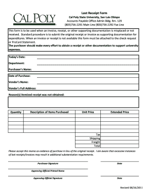 Lost Receipt Form - AFD - Cal Poly - afd calpoly