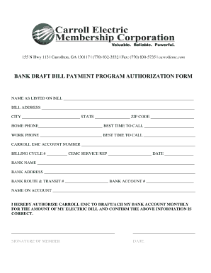 Bank Draft Bill Payment Program Authorization Form