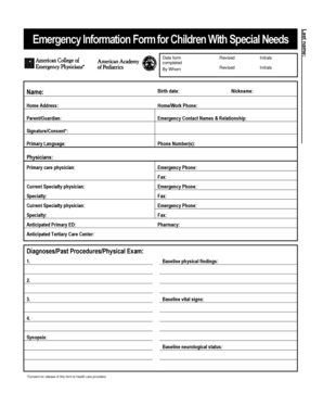 Emergency Information Form for Children With Special Needs