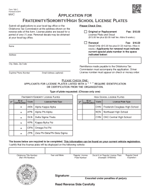 Oklahoma Fraternity/Sorority/High School License Plate Application