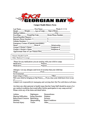Camper Health History Form