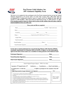 Pop Warner Scholastic Eligibility Form
