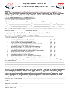 Pop Warner Physical Fitness & Medical History Form
