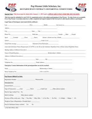 2013 Pop Warner Participant Contract and Parental Consent Form