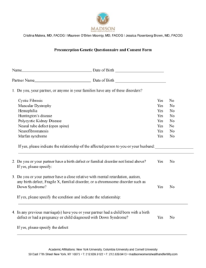 Preconception Genetic Questionnaire and Consent Form