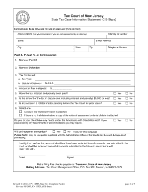New Jersey State Tax Case Information Statement
