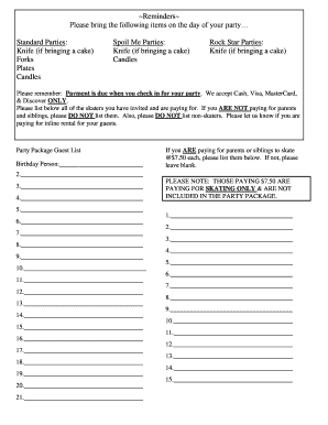 Birthday Party Guest List Form