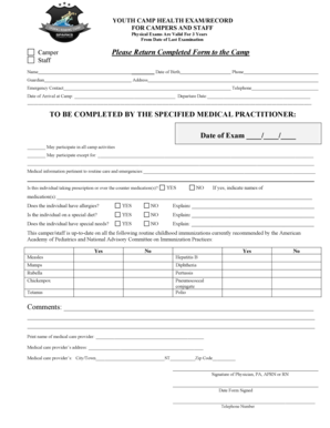Youth Camp Health Exam Form
