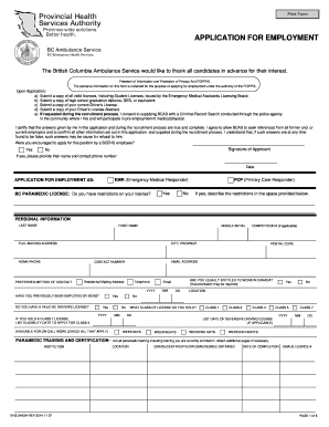 British Columbia Ambulance Service Employment Application