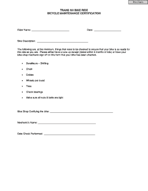 Bicycle Maintenance Certification Form