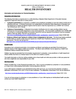 Maryland Child Care Health Inventory Form
