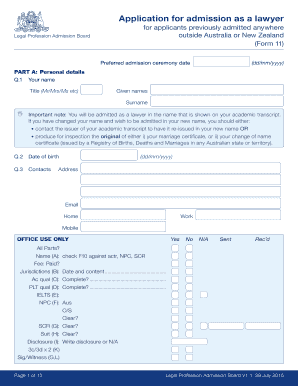 Form 11: Application for Admission as a Lawyer PDF, 309kb