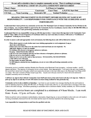 Municipal Court of Atlanta Community Service Sheet