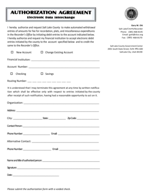 Salt Lake County Recorder's Office Debit Authorization Form
