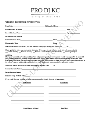 Wedding Reception Information Form