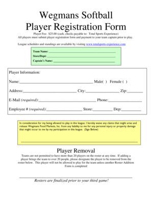 Wegmans Softball Player Registration Form