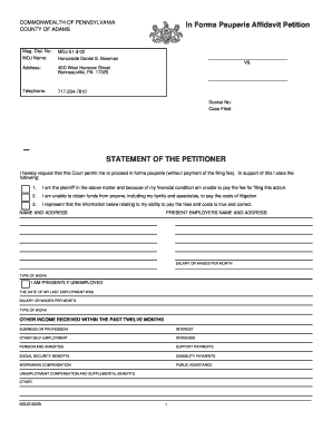 Pennsylvania In Forma Pauperis Affidavit Petition