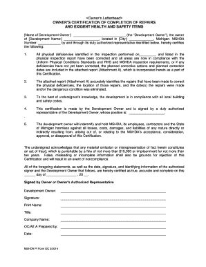 Owner's Certification of Completion of Repairs