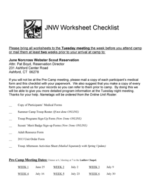 JNW Scout Camp Worksheet Checklist