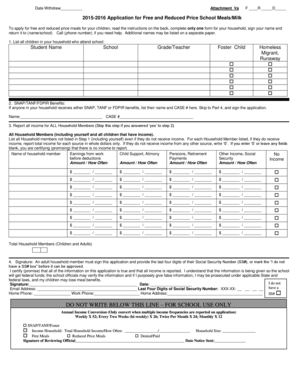 2015-2016 Application for Free and Reduced Price School Meals/Milk