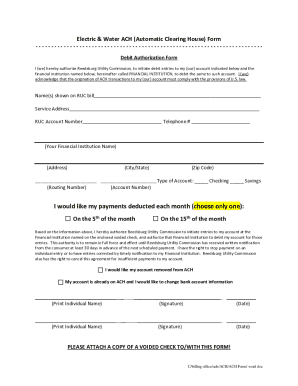 Electric & Water ACH (Automatic Clearing House) Form