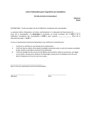 Lettre d'attestation pour l'exposition aux inondations