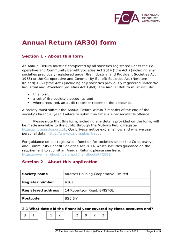 Mutual Societies Annual Return Form (AR30) For Preview on Page 1