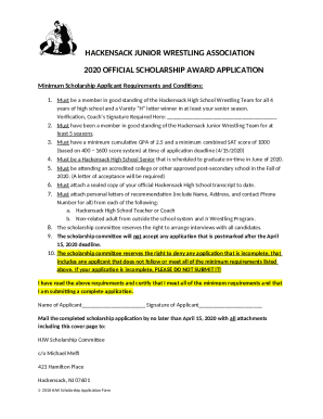 Hackensack Junior Wrestling Association Scholarship Award Application