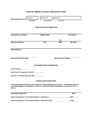 Bank of America Travel Card Setup Form