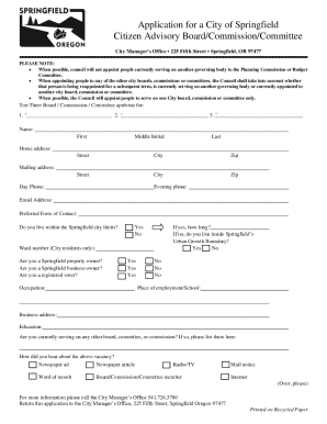 Application for a City of Springfield Citizen Advisory Board/ ...